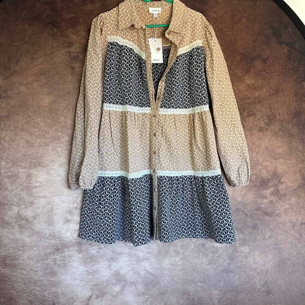 Lovelo Tan and Black Geometric Dress Cabincore Made
